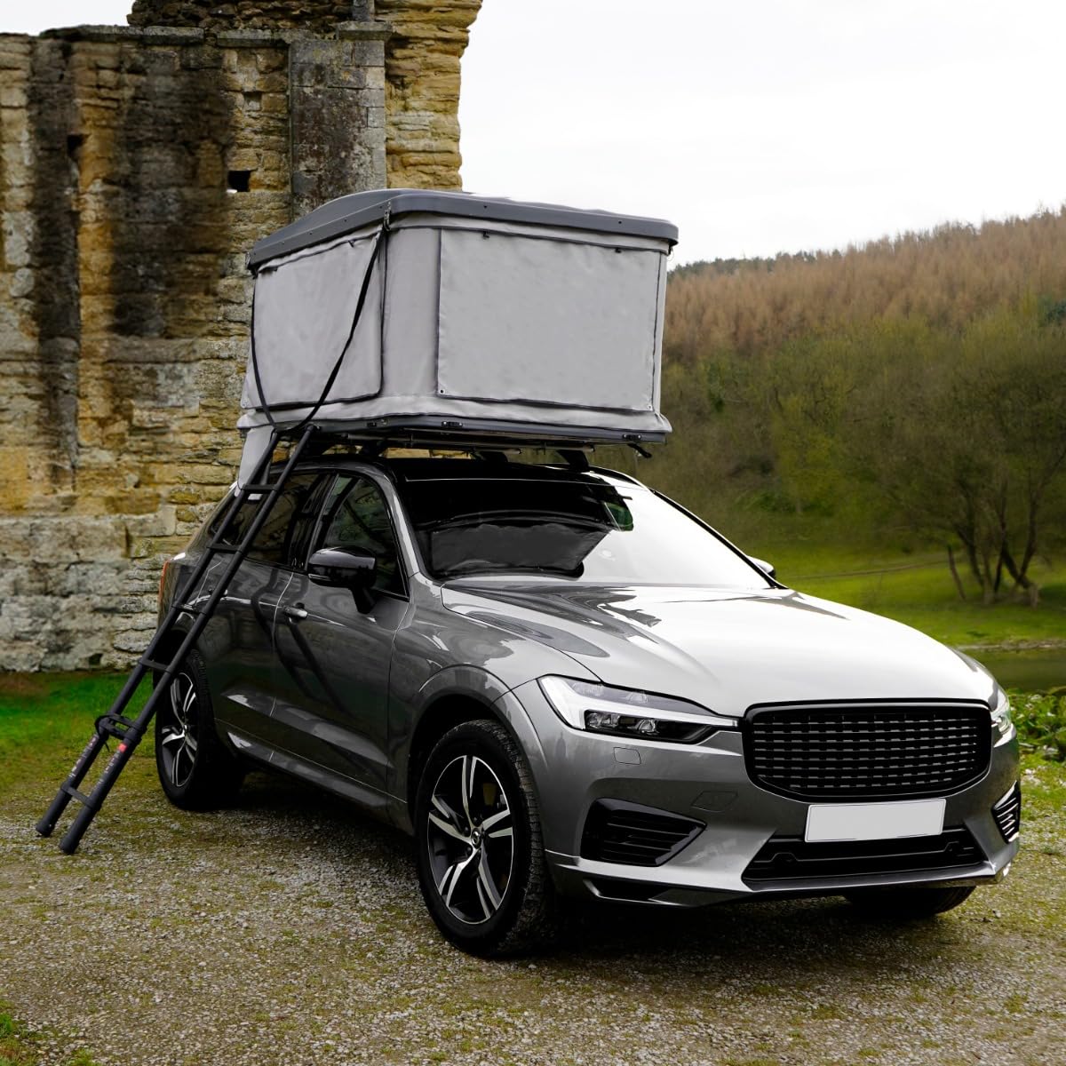 Tenda da Tetto per Auto 2-3 Posti con Apertura Idraulica Assistita, Tessuto Impermeabile 3000mm, Materasso 5,5cm, Scala Telescopica e Torcia Solare Inclusa