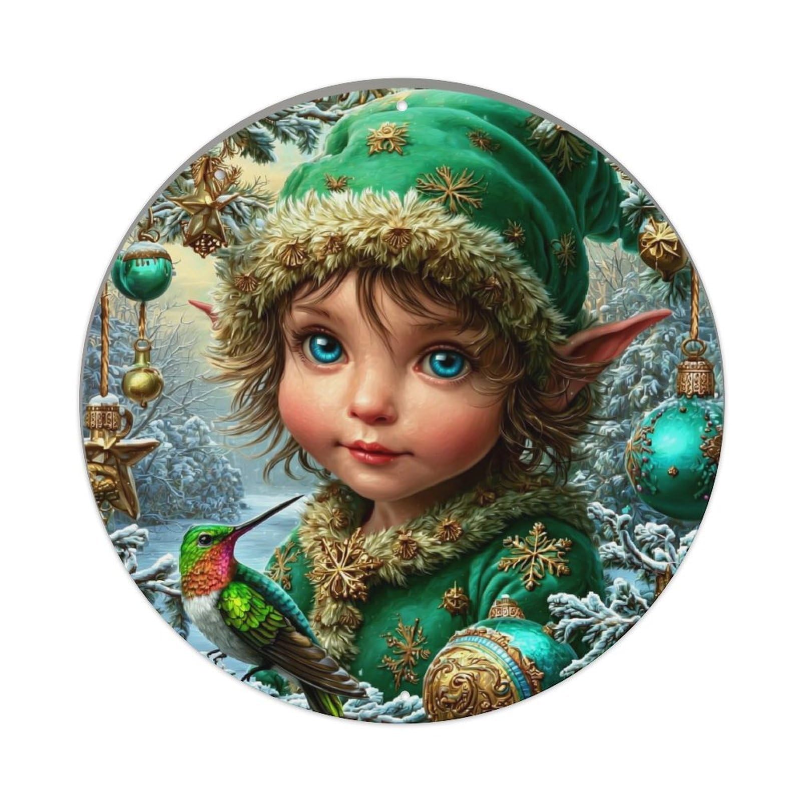Christmas Elf Hummingbird Snowflake Ornaments Retro Metal Sign Round Tin Sign, Vintage Decor Art Poster for Bar, Home, Man Cave, Kitchen, Laundry Room Gift 8x8Inch