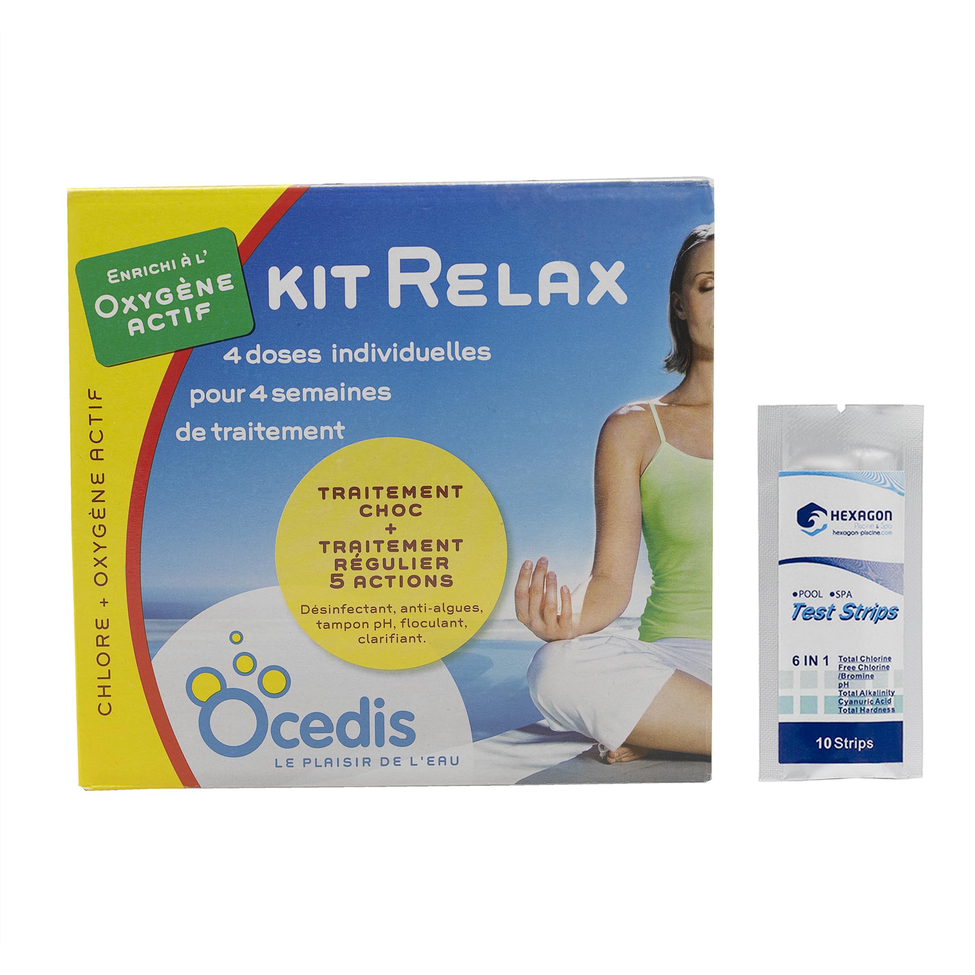 OCEDIS KIT Relax 50m3 | Chlore Lent Stabilisé Multiaction et Oxygène Actif Choc - Désinfection Régulière Mulitfonction avec Action Choc et Anti-algues - Traitement prédosé + 10 Tests HPS OFFERTS 6en1