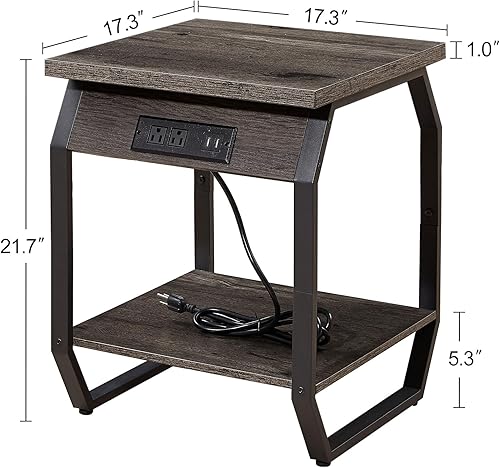 Miniatura 3 de Mesa auxiliar con estación de carga, juego de 2 mesas auxiliares con puertos USB y enchufes, mesitas de noche en sala de estar, dormitorio, gris