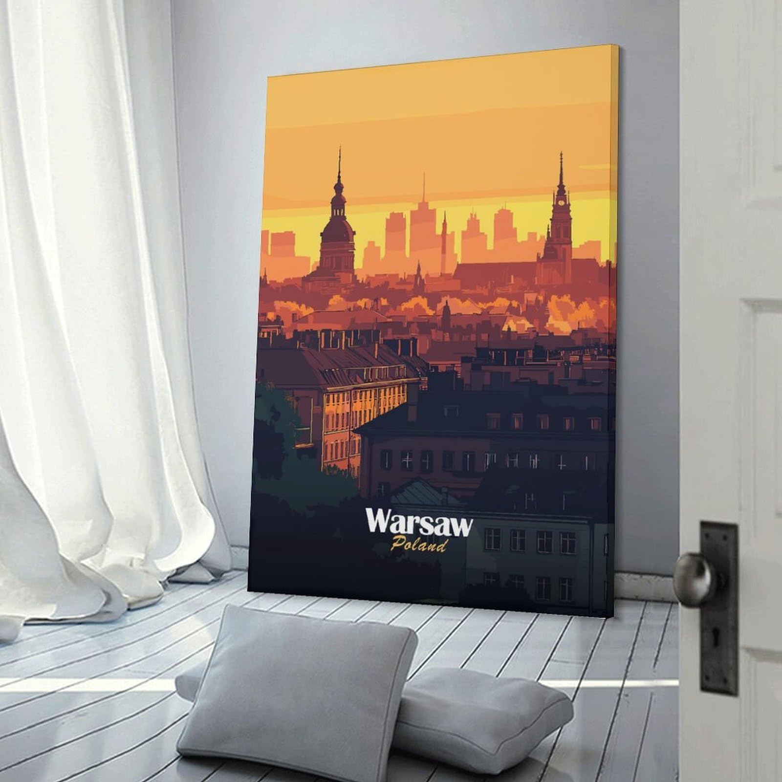 Junmoney Warsaw Skyline Sunset Wall Picture Print 24x36inch(60x90cm), for Bedroom Decor, Cosy Corners Or Studios, Home Artwork with A Soft Interior Feel
