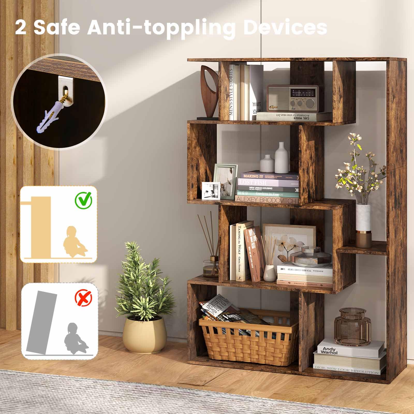 HOMASIS Libreria Scaffale con Forma di S, Libreria Verticale a 6 Cubi in Legno, Mobile Scaffale Moderna con Dispositivo Antiribaltamento da Soggiorno, Studio, 80 x 30 x 119 cm (Marrone)