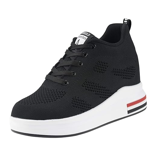 AONEGOLD Tênis plataforma de salto alto feminino moderno couro grosso tênis casual caminhada tênis com cadarço aumento 8 cm, Preto-81, 35