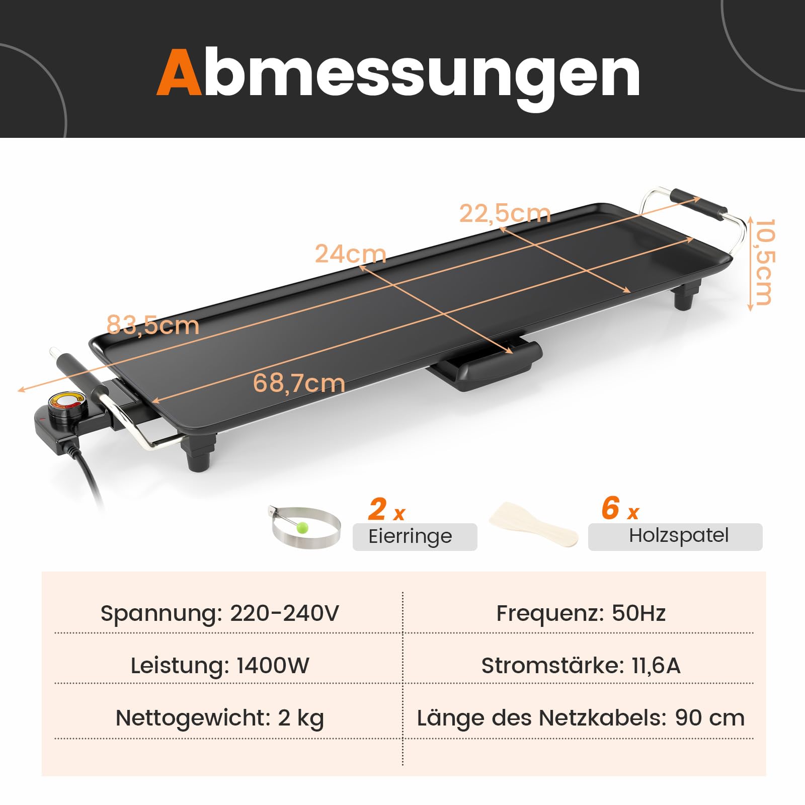 RELAX4LIFE Tischgrill elektrisch, 68,5 x 22,5 cm extra lange Teppanyaki-/Plancha-Grillplatte, Elektrogrill mit Antihaftbeschichtung & 4-stufige Temperaturregelung, 1400W, für BBQ, Familienessen, Party