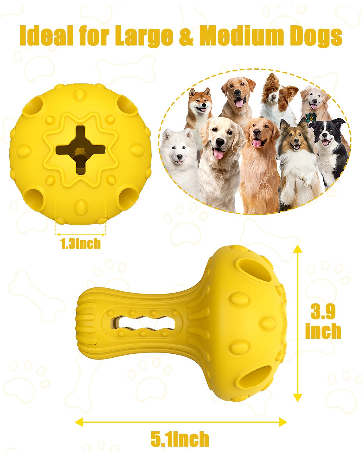 Juguete masticable para perros, juguete de rompecabezas dispensador de golosinas para estimular mentalmente, juguete de goma natural duradero para perros grandes y medianos (amarillo, 1