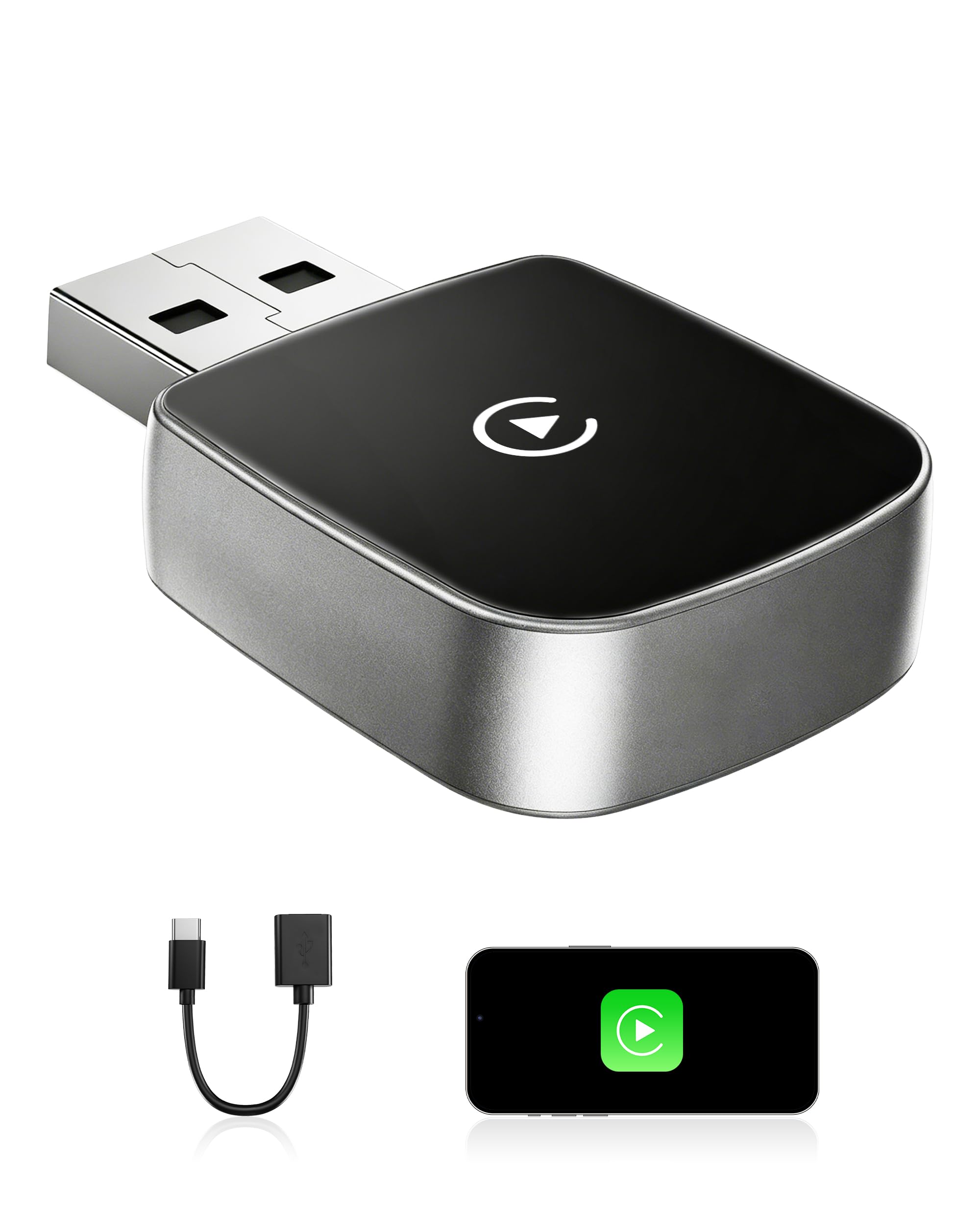Adaptador CarPlay Inalámbrico, Doble Núcleo WiFi a 5,8 GHz, Bluetooth V5,3, Rápido y Estable, Plug & Play, para Apple iPhone con iOS 10+ & Vehículos con Función CarPlay por Cable
