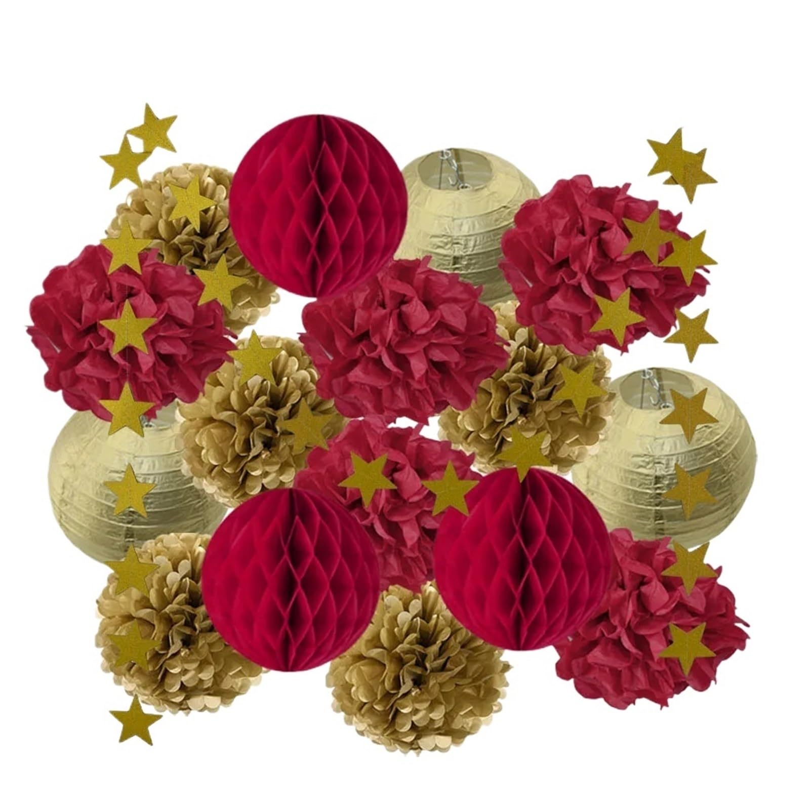 Paper Pom Poms Wedding Ceremony Events Decor Gold Paper Lanterns Honeycomb Red Tissue Pompom for Party Supplies(Gold Red)