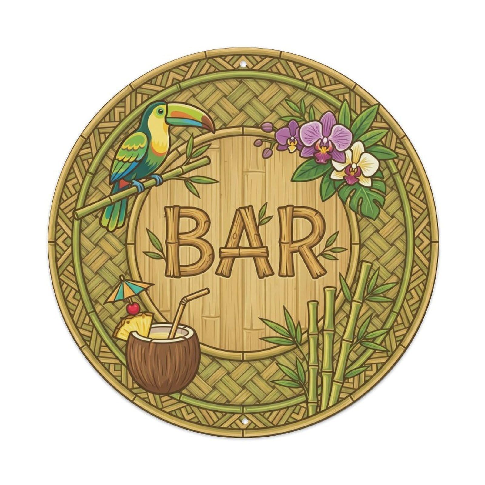 Vintage BAR Tropical Bamboo Emblem Metal Tin Sign Plaque Wall Decor for Cafe, Club, Garden Round Metal Poster 8x8Inch