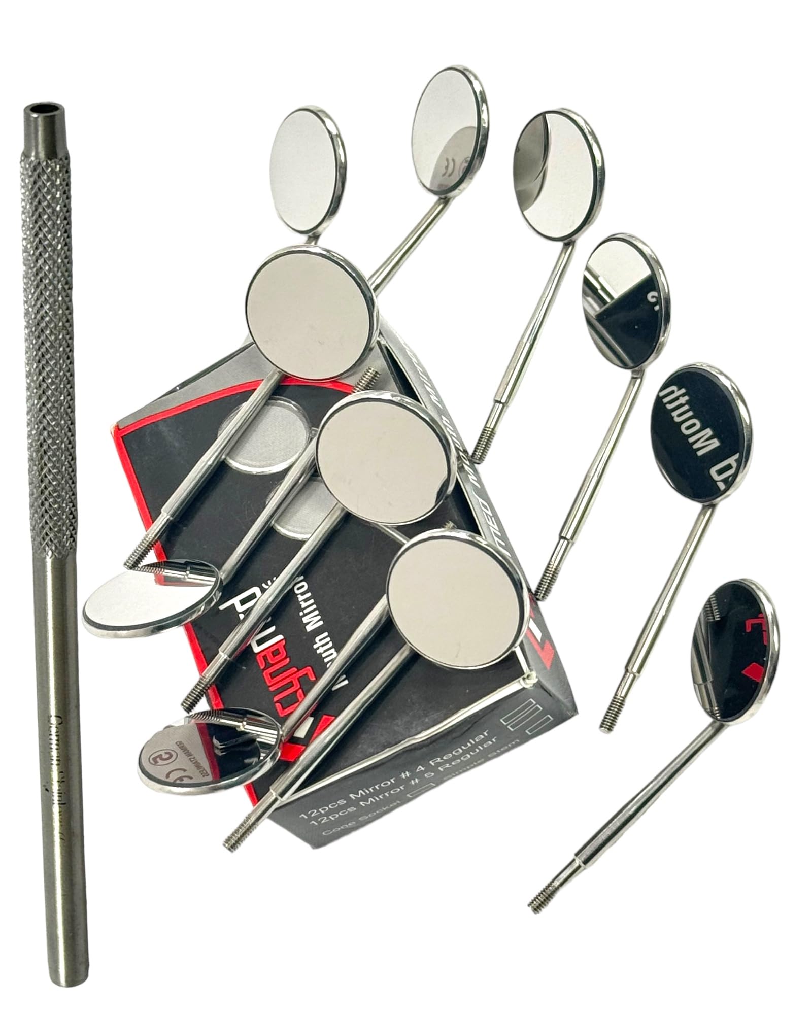 Dental Mouth Mirrors #5 (12PK) with Rhodium Coated Front Surface Intraoral + Mirror Handle - Examination Dental Mouth Mirror - Cone Socket Oral Mirror - Stainless Steel