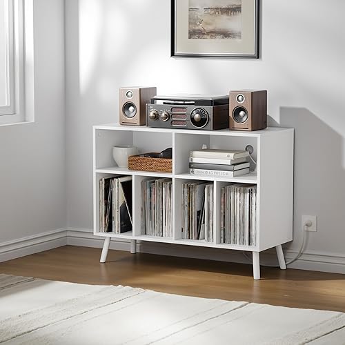 Vista 9 de Cozy Castle - Soporte para tocadiscos con gabinete de almacenamiento de vinilo, mesa de tocadiscos de madera con estante abierto, organizador