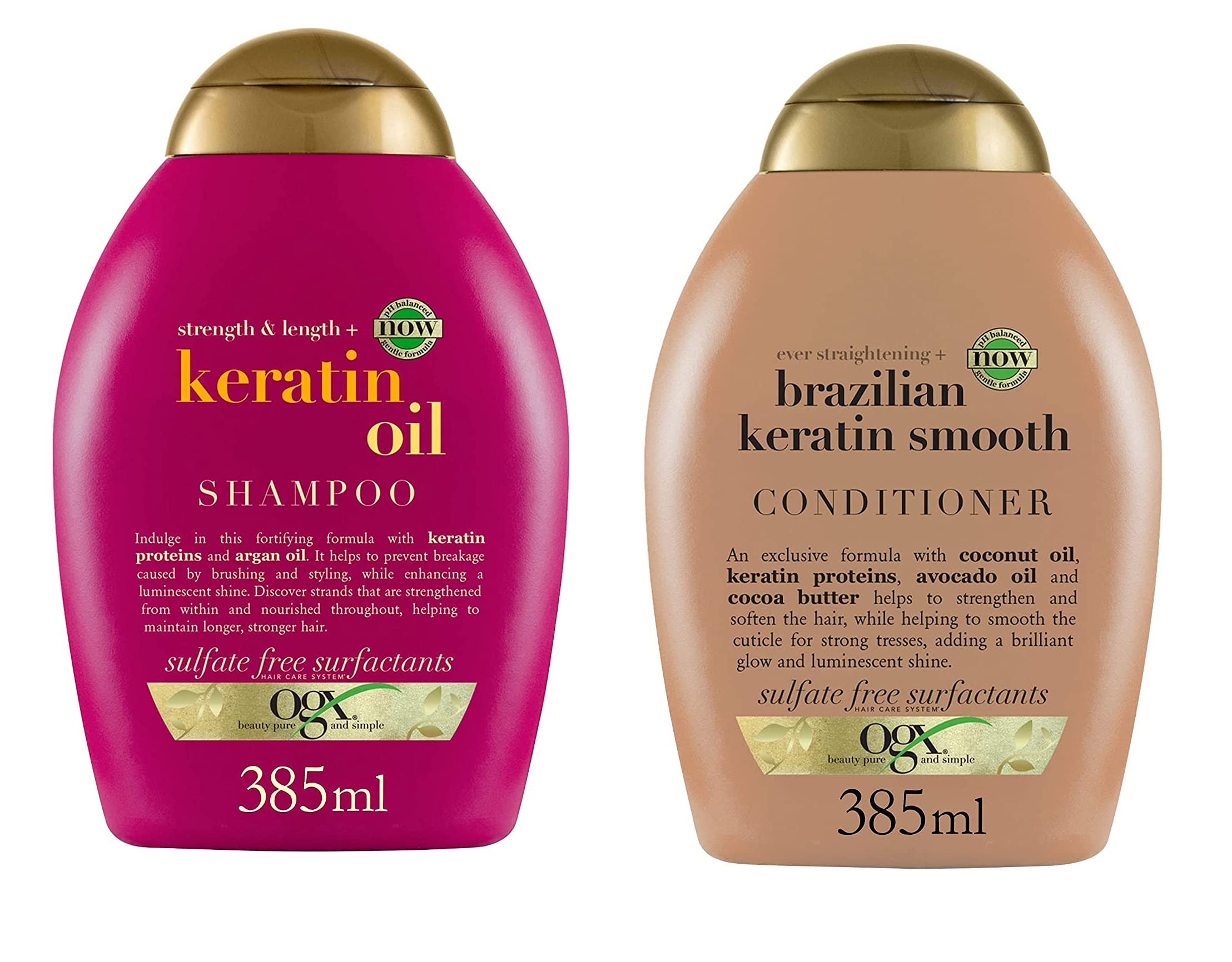 OGX Strength & Length Keratin Oil Shampoo + Ever Straightening Brazilian Keratin Smooth Conditioner | For Dry, Curly, Frizzy & Fine & Damaged hair Sulfate, Parabens Free