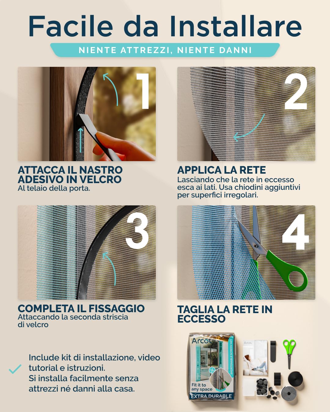 ARCOL Zanzariera Magnetica per porte Regolabile in Larghezza - Tenda Zanzariera Porta Finestra con Fettucce a Strappo, Zanzariera magnetica porta finestra accorciabile (155x240 cm, Nero)