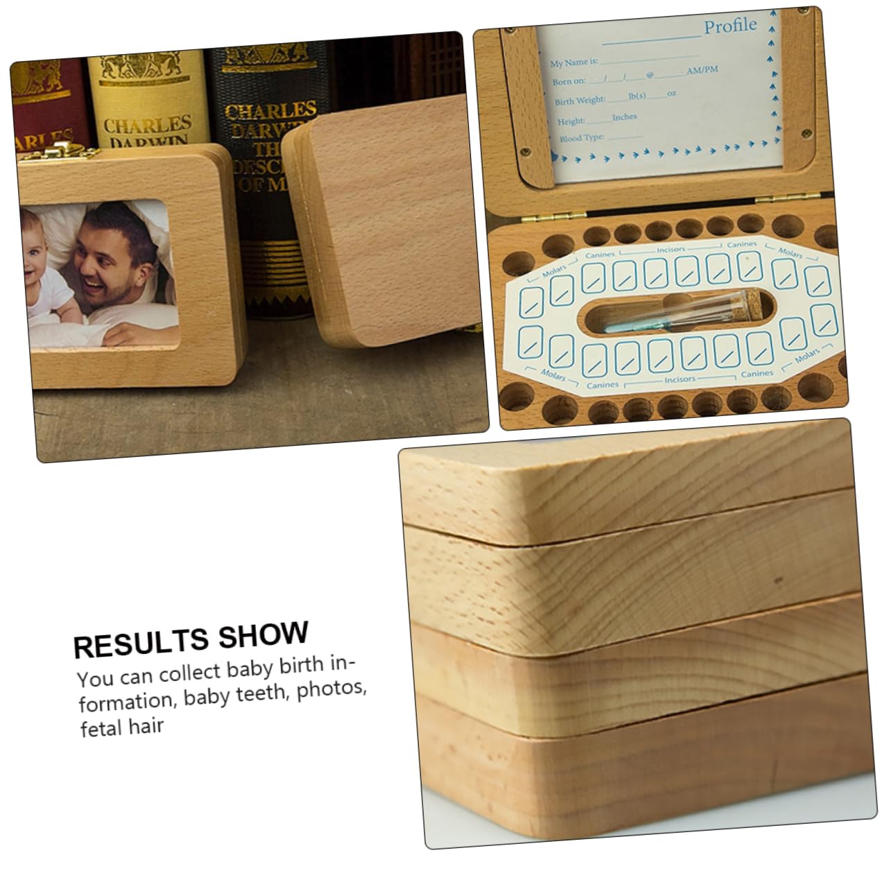 Caja para Dientes de Leche de Madera 1 Juego para Bebés | Incluye Stickers, Guarda Fotos de Ñiño y Datos de Nacimiento, Espacio para Pelo Fetal, Formato Infantil