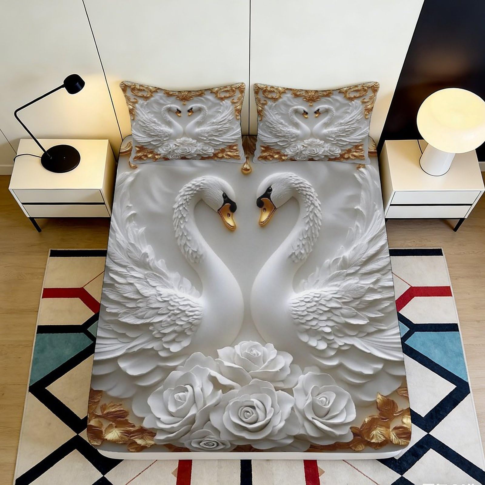 3D Printed White Swan Fitted Sheet Microfiber Soft Rose Bed Cover for Bedroom Guest Room Decor Mattress Protection 90x200x25cm