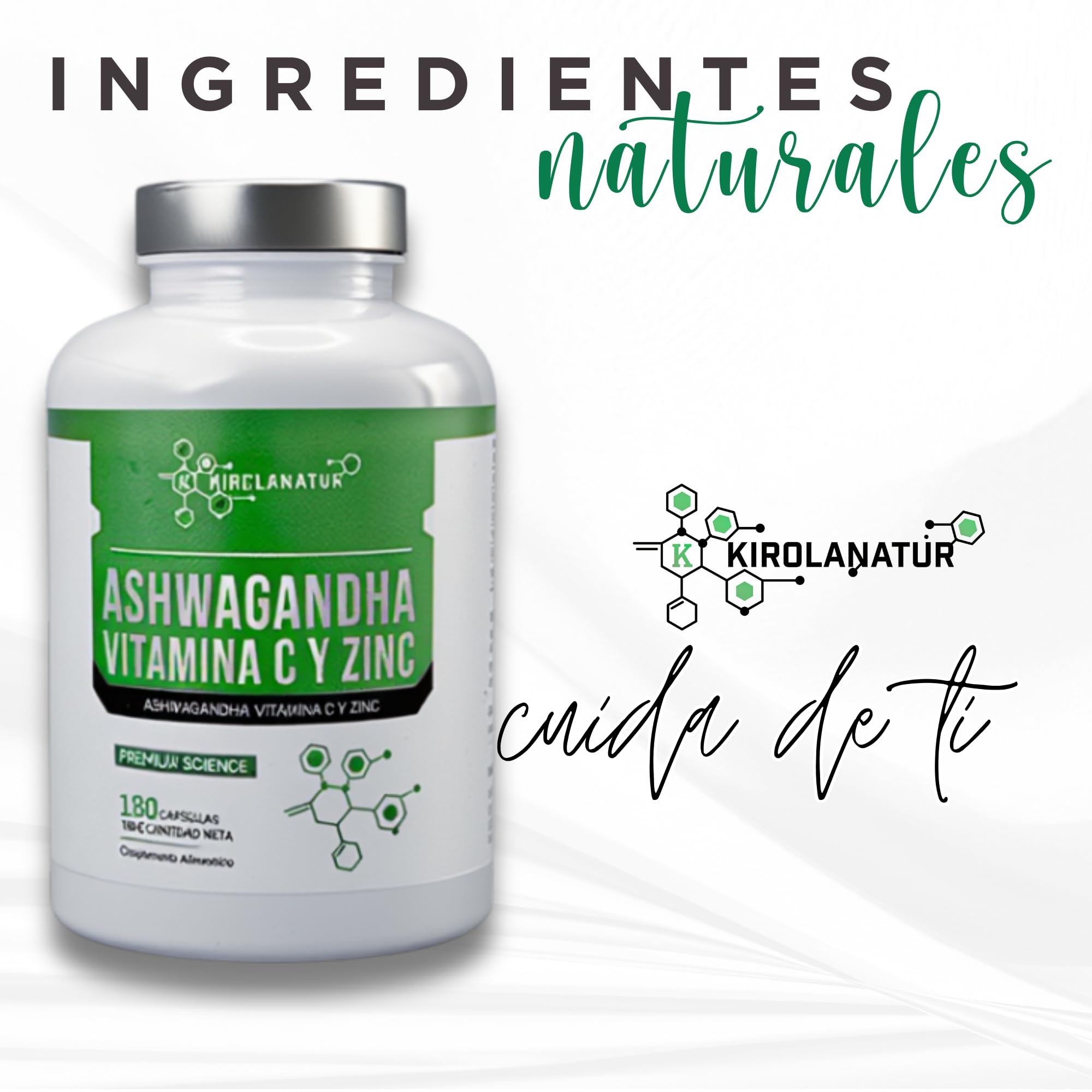 Ashwagandha con Vitamina C y Zinc - Antiestrés Natural, Energía y Equilibrio Emocional - Sueño Reparador y Refuerzo del Sistema Inmunitario - 180 Cápsulas Sin Gluten | KIROLANATUR