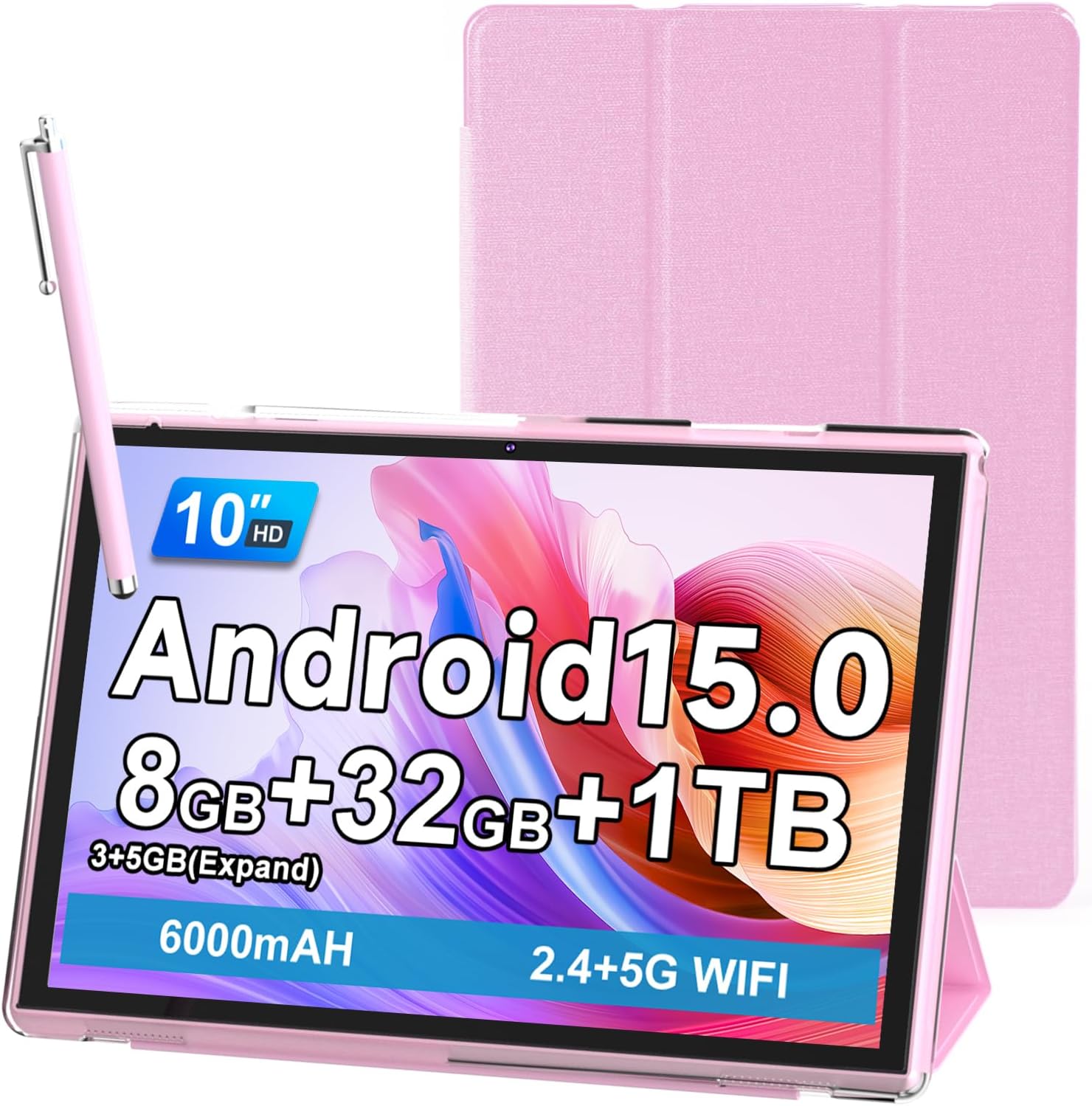 10 Inch Tablet With Case Stylus, Android 15 Tablets 8GB RAM 32GB ROM Support 1TB Expand, 10.1 IN Tableta Includes Tablet Protective Cover Dual Camera 5G WiFi-6, 6000mAh Battery 10" Android Tablet.