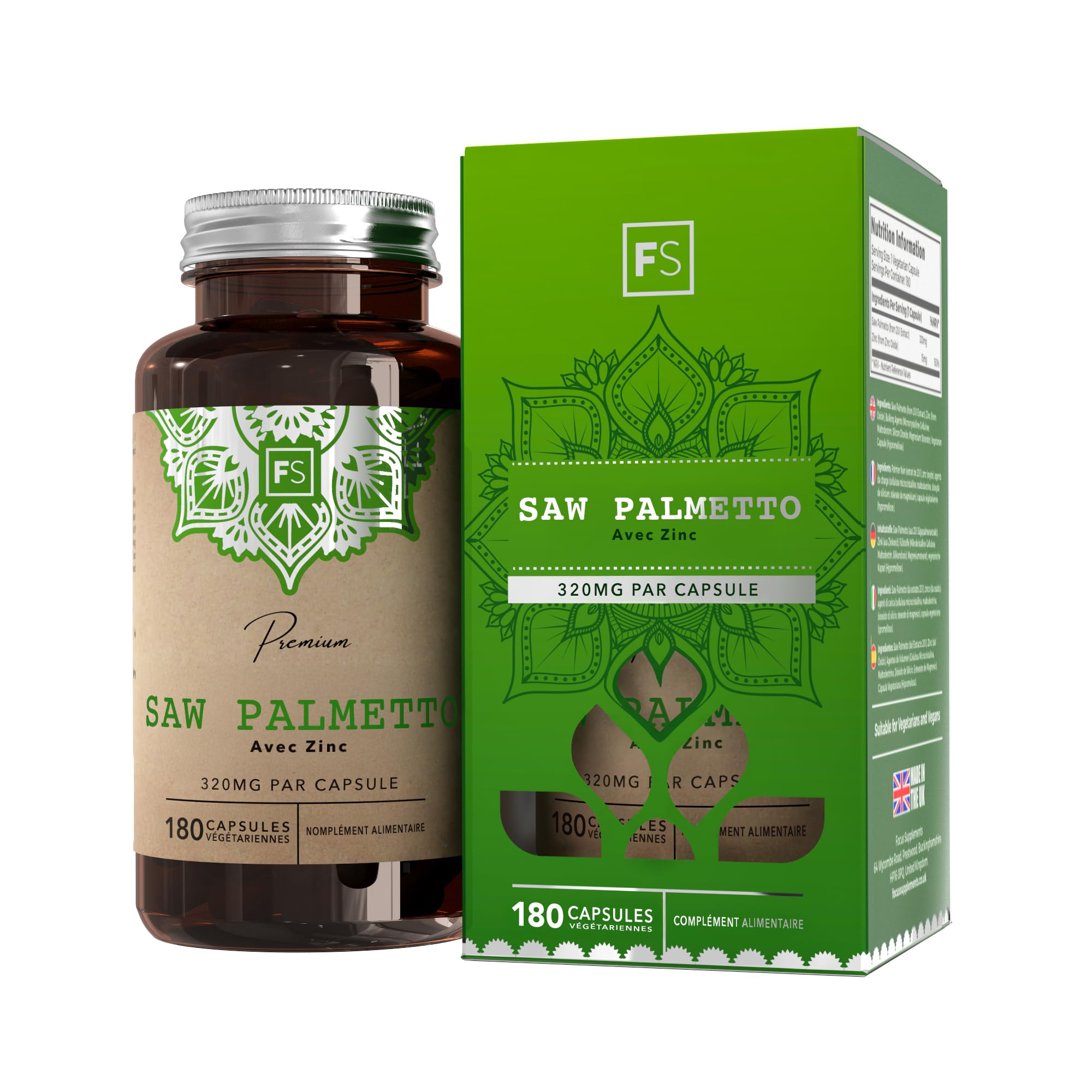 FS Saw Palmetto | Prostate Complément Alimentaire 180 Gélules - Haute Teneur 320mg Saw Palmetto Cheveux avec 15mg Zinc Palmier Nain Gélules (extrait 20:1) par Portion | Sans OGM