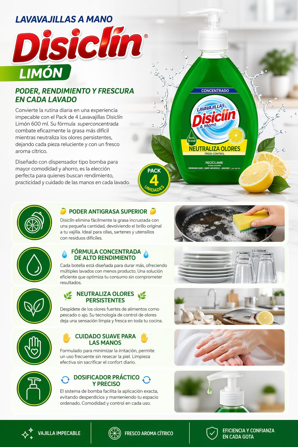Pack 4 Lavavajillas Disiclín Limón 600 ml con Dosificador Detergente Concentrado Antigrasa