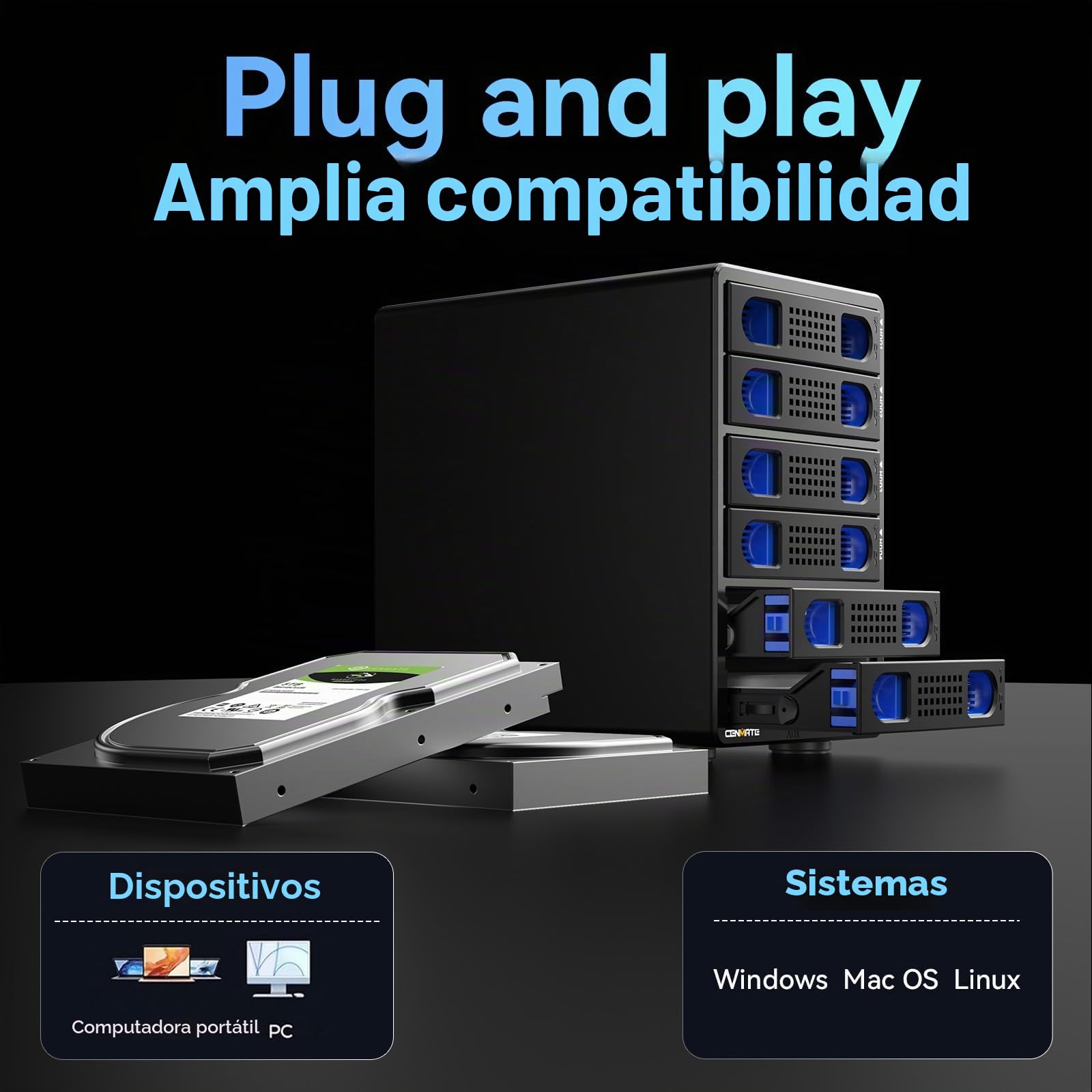 CENMATE Caja de disco duro de aluminio de 6 bahías de 10 Gbps con ventilador de refrigeración para disco duro SATA HDD/SSD de 2.5 pulgadas/3.5 pulgadas con USB A/C 3.2 Gen 2, compatible con