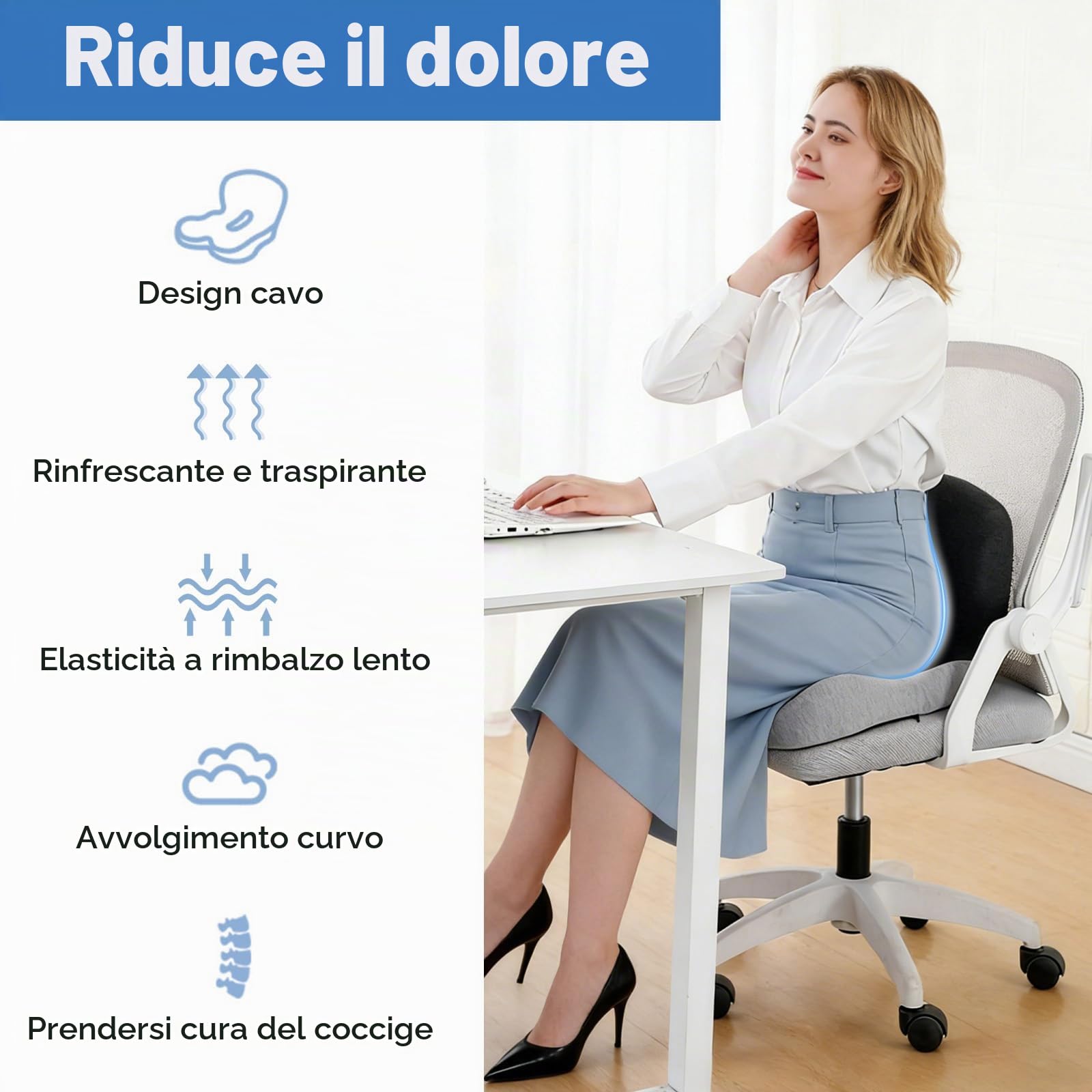 NCONCO Cuscino Sedia Ufficio,con Schienale Supporto Lombare Memory Foam Aumenta il Comfort U-Shape per Auto Guidatore Sedia a Rotelle Scrivania