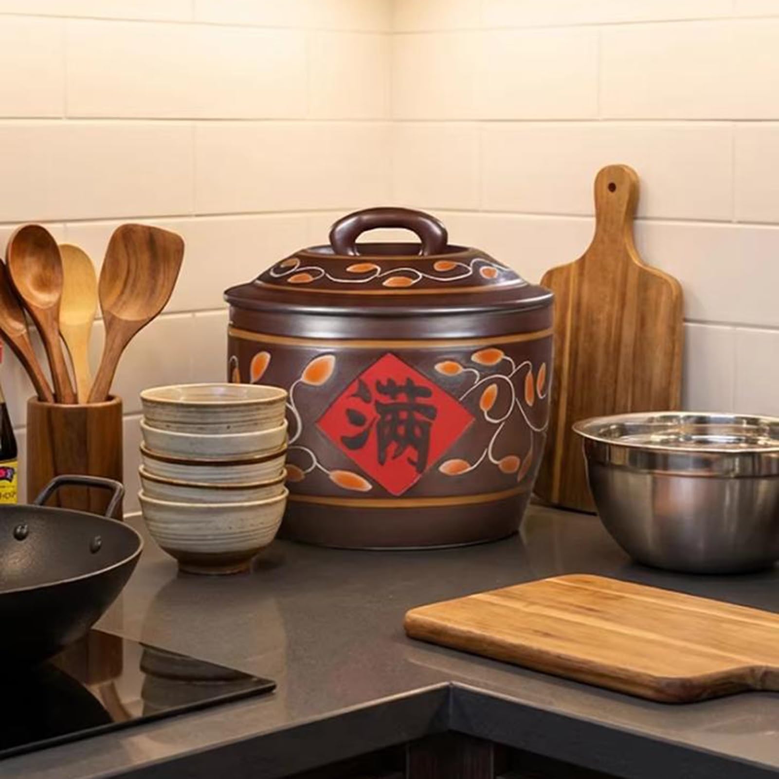 Ceramiczny pojemnik na ryż z pokrywką, pojemnik do przechowywania ziarna 5 kg, organizacja spiżarni kuchennej na makaron ryżowy, przekąski, dozownik karmy dla zwierząt domowych