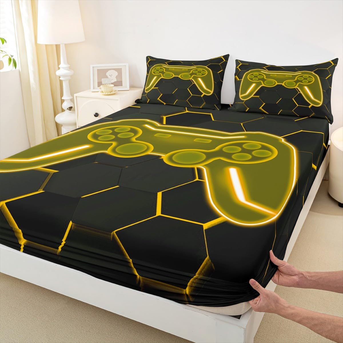 jejeloiu Gamer Bedding Set for Girls Boys Kids Twin Size Yellow Gaming Fitted Sheet Game Room Decor Honeycomb Bed Sheets Set Gamepad 3Pcs Breathable Soft Lightweight