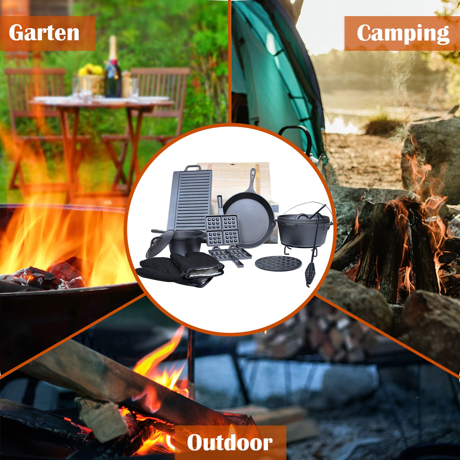 UISEBRT Dutch Oven Set 12 pièces dans une boîte en bois Four Néerlandais - Beaucoup d'accessoires en fonte déjà brûlée- Avec Dutch Oven, plaque de barbecue, Poignée, Support