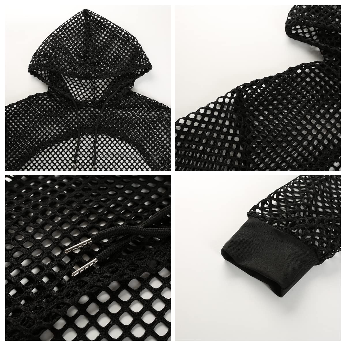 SINROYEE Women's Casual Sexy Mesh Contrast Long Sleeve Pullover Crop Top Hoodie T-Shirt: Medum Black