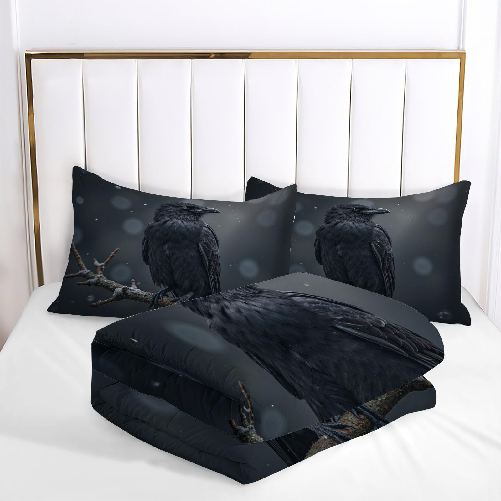 Edredon Cama 135/150 Cuervos Posados Ramas Árboles Estampado 3D, Edredón Nórdico 4 Estaciones 240x220cm, Colcha Transpirable De Microfibra Lavable Fantasía Animales, 2 Fundas De Almohada 50X75cm