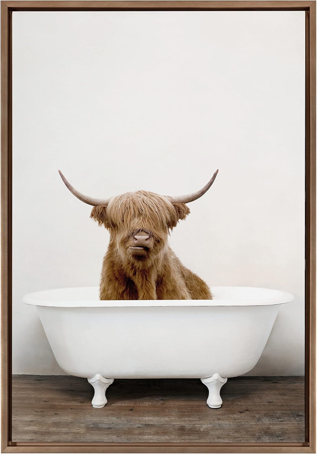 Kate and Laurel Sylvie Highland Cow in Tub Color Framed Canvas Wall Art by Amy Peterson Art Studio, 23 x 33, Gold, Humorous Animal Wall Décor