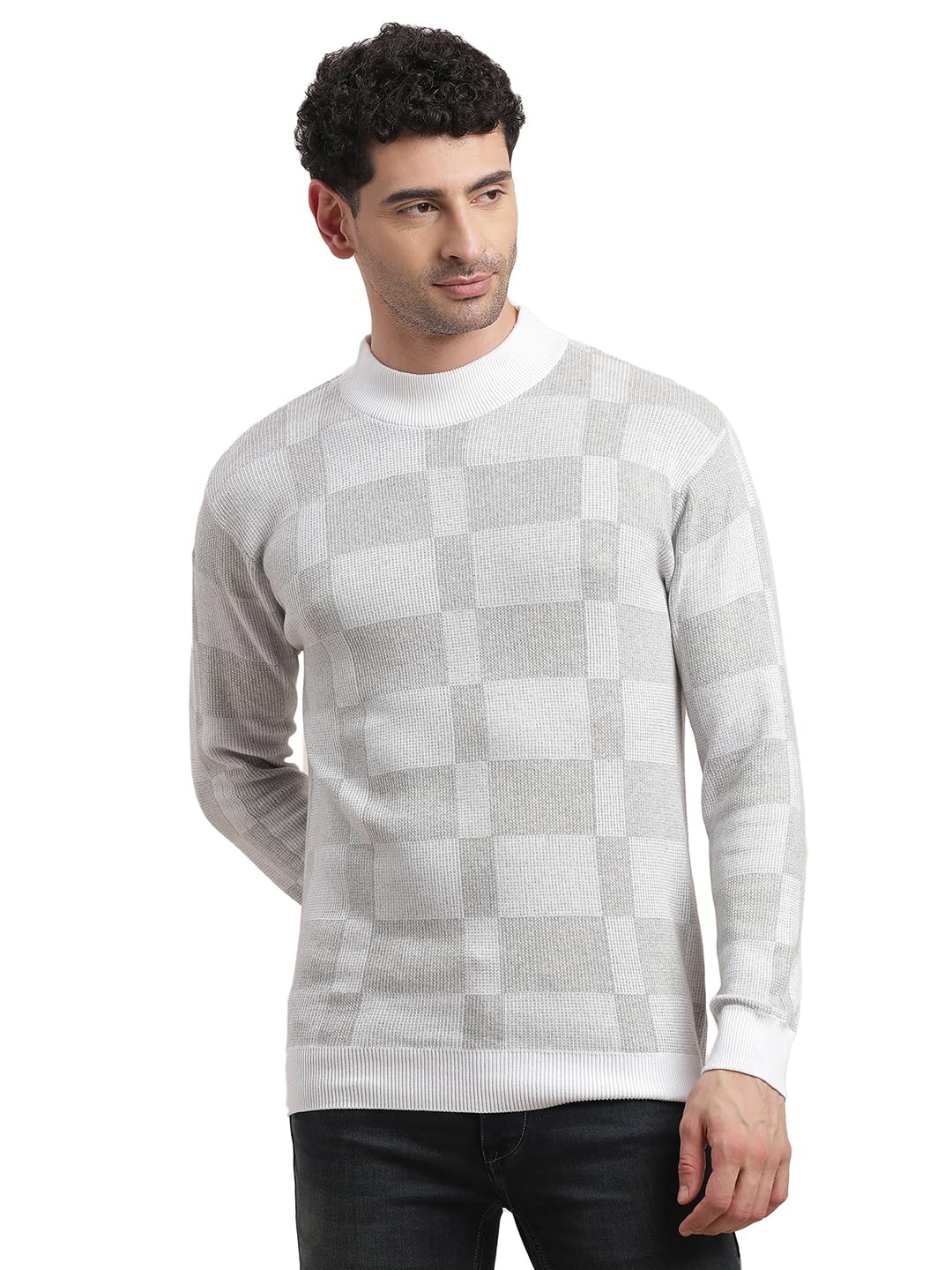 turtle Men Grey Knitted Checkered Stand Collar Pullover-picture-21
