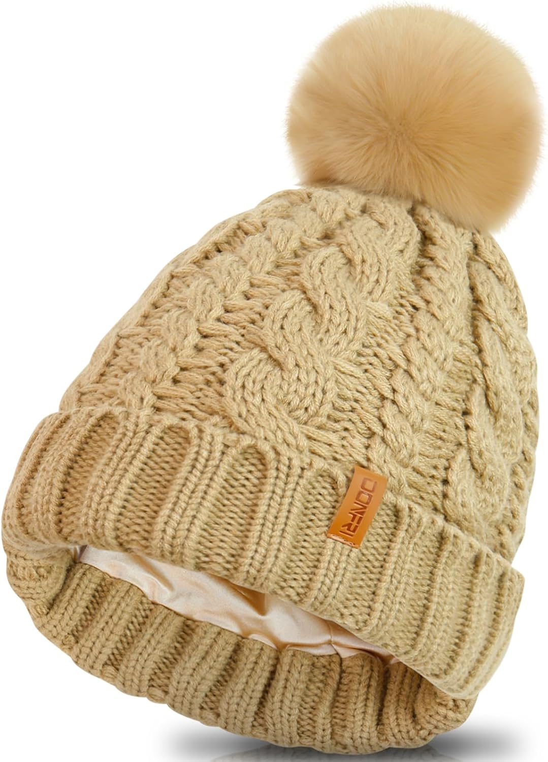 Donfri Womens Satin Lined Beanie Hats Winter Warm Pompom Silk Lining Hat Knit Skull Cap Beanie Gift