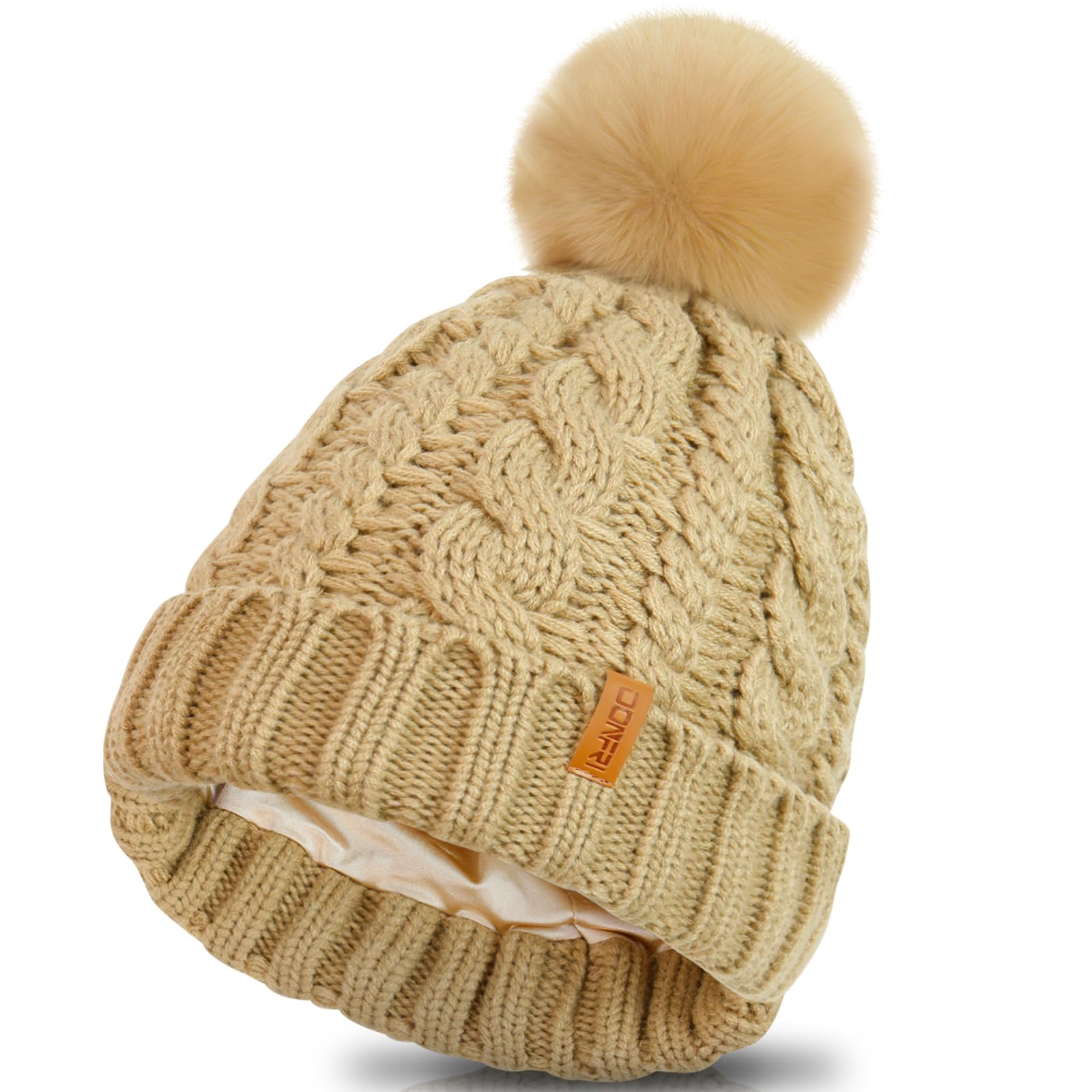 Donfri Beanie Hats for Women Satin Lined Beanie Winter Knitted Hat for Ladies Warm Bobble Hat (Khaki)