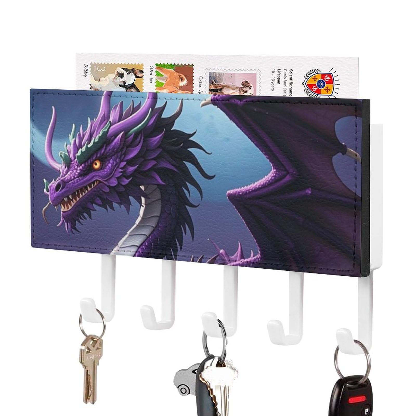 Fekiloot White-Style Purple Dragon Purple Moon Key Holder Wall Mount Key Hanger With 5 Hooks Decorative Key Rack Hanging Key Hooks With Mail Organizer Key Holder For Wall Living Room Kitchen Bathroom Hallway White