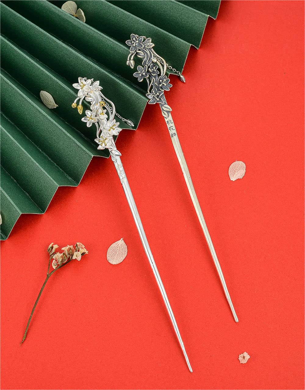 Haarstab, Haarnadel, chinesische Haarstäbchen aus S925-Silber, verzierte Haarstäbchen mit Pfirsichblüten und Quaste, baumelnder Haarknoten-Schmuck im Used-Look for Brautmädchen, poliert