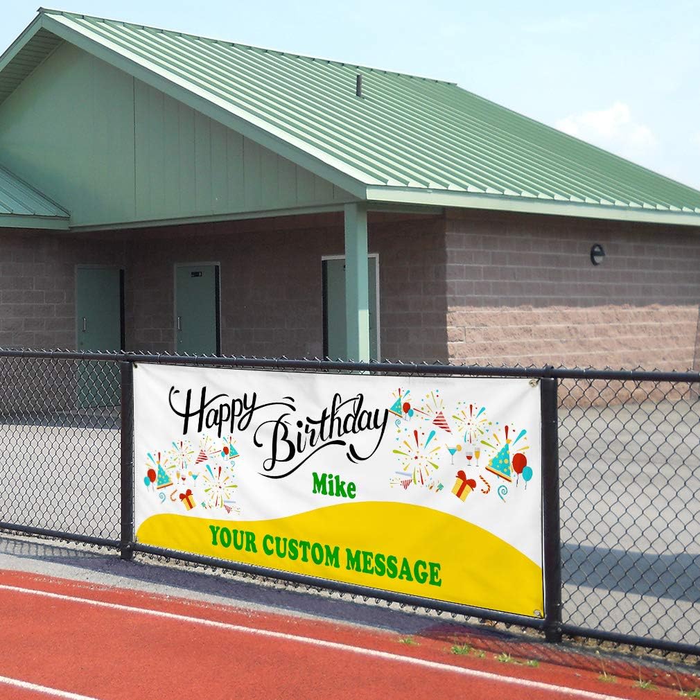 Custom Industrial Vinyl Banner Happy Birthday Boy Name Message Weatherproof Yard Signs 16x40inches