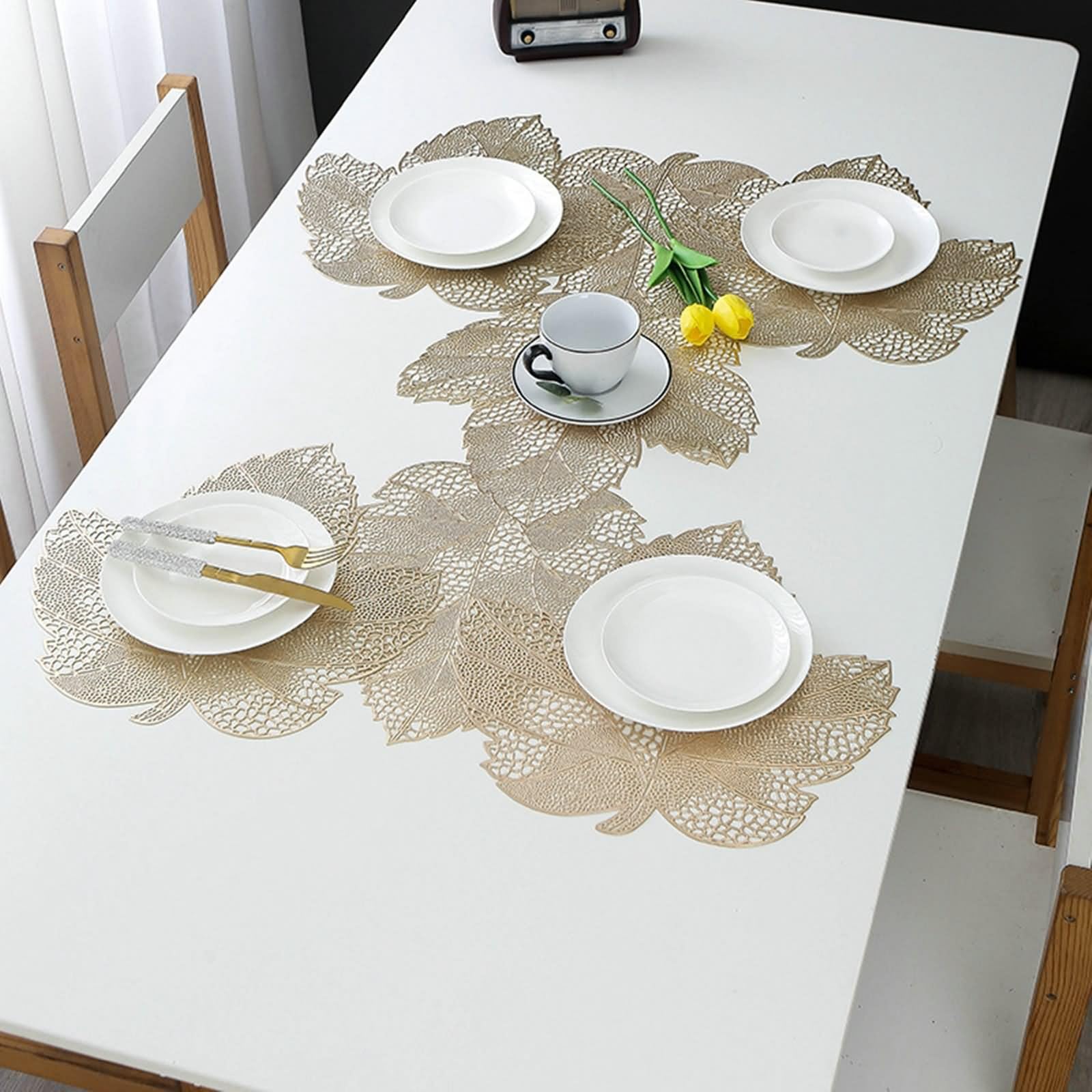 Lot de 6 Set de Table Or 38cm, Dessous de Bureau XXL en Forme de Feuille d'Érable PVC