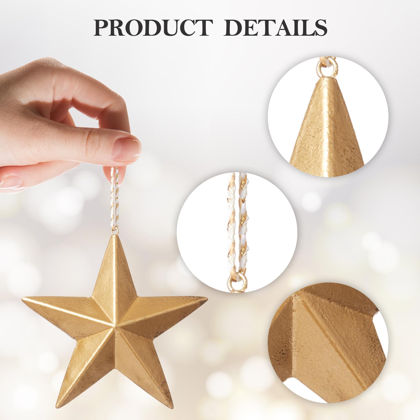 DN DECONATION Lot de 6 décorations de sapin de Noël - En bois doré - Pendentif étoile 3D - Décoration pour sapin de Noël - Couronne de table - Décoration intérieure - Décoration de mariage d'hiver