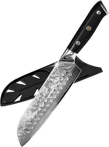 Miniatura 1 de XYJ VG10 Cuchillo de chef de acero de Damasco real, cuchillo japonés Santoku de 7 pulgadas, acero inoxidable de alto carbono, hoja afilada