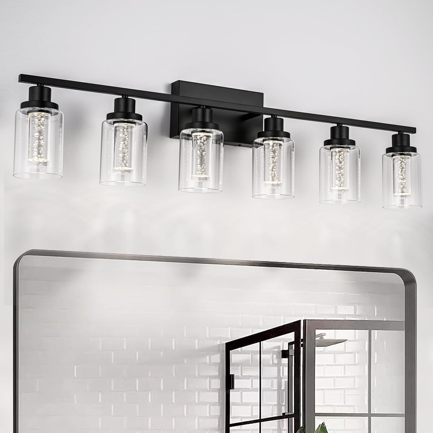 MELUCEE LED Vanity Lights for Bathroom, 6-Light Dimmable LED Bathroom Light Fixtures Black with Crystal Bubble Clear Glass Shade 3000K-6000K LED Wall Light Fixture for Bathroom, Built-in LED Chips