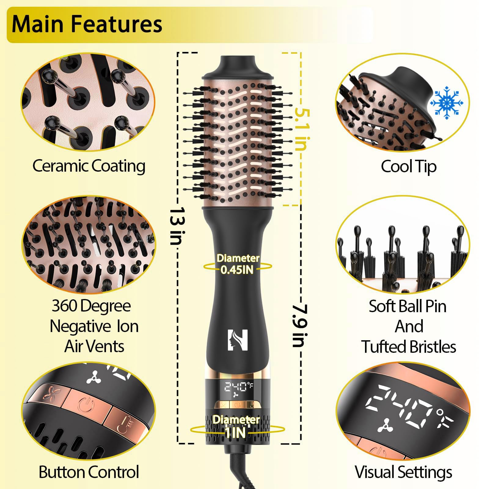 Nicebay Hair Dryer Brush Volumizer with Display Screen and Ceramic Barrel