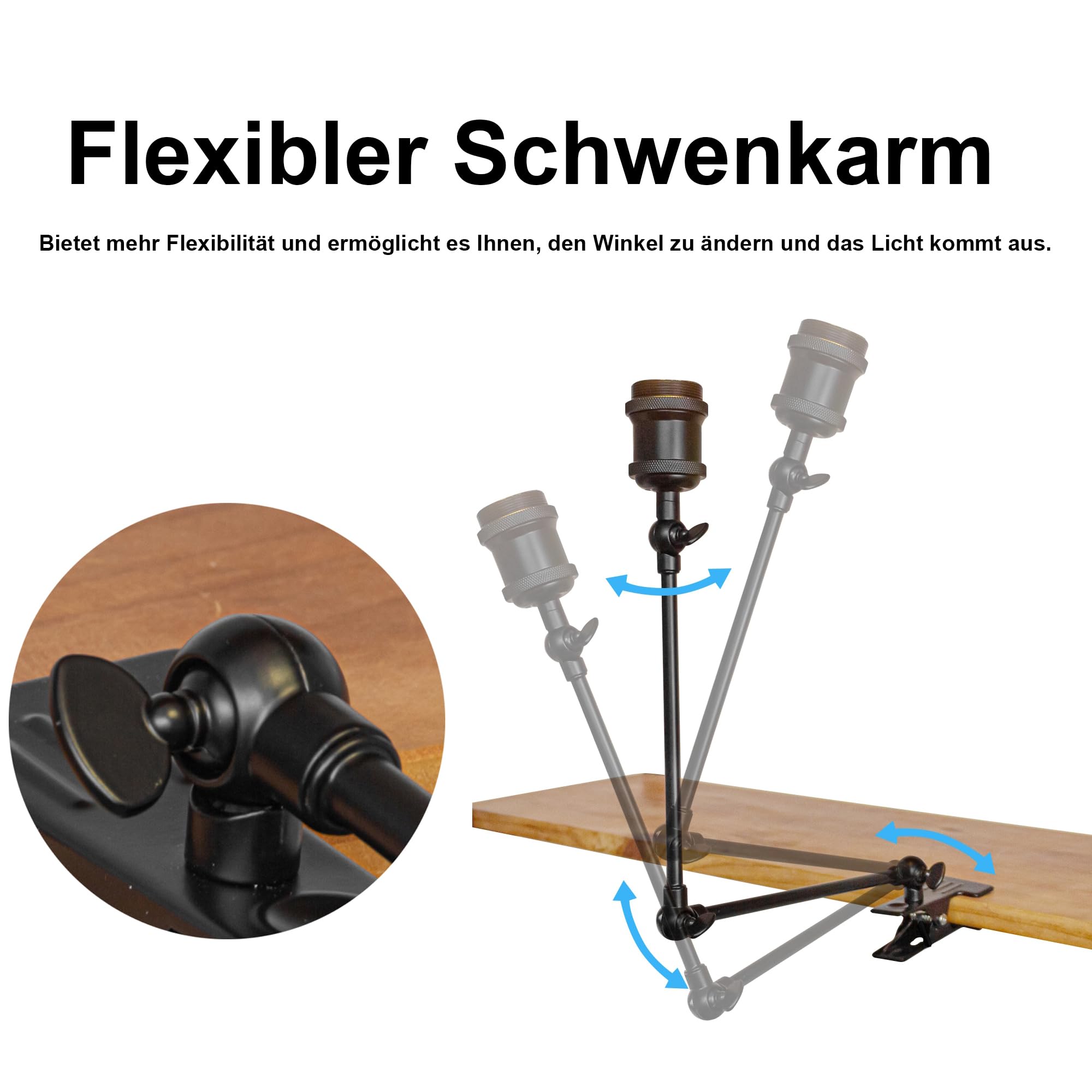 Industrial Klemmleuchte mit 2,5 Schalterkabel, Einstellbar Clip auf Schreibtisch Leselampe,Dimmbar Clamp Nachttischlampe mit Flexarm für Schreibtisch Nachttisch Regal- TD/1265B