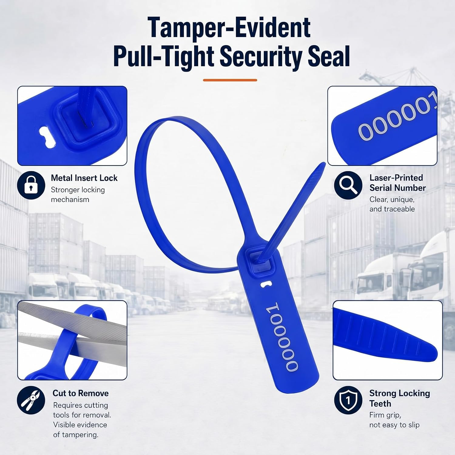 Novabright 250 Pcs Plastic Truck Trailer Door Seals, Tamper Evident Security Seals, Numbered Safety Tags, 15.8" Self-Locking Security Tie with Insert Clip Lock for Container Trailer Warehouse (Blue)