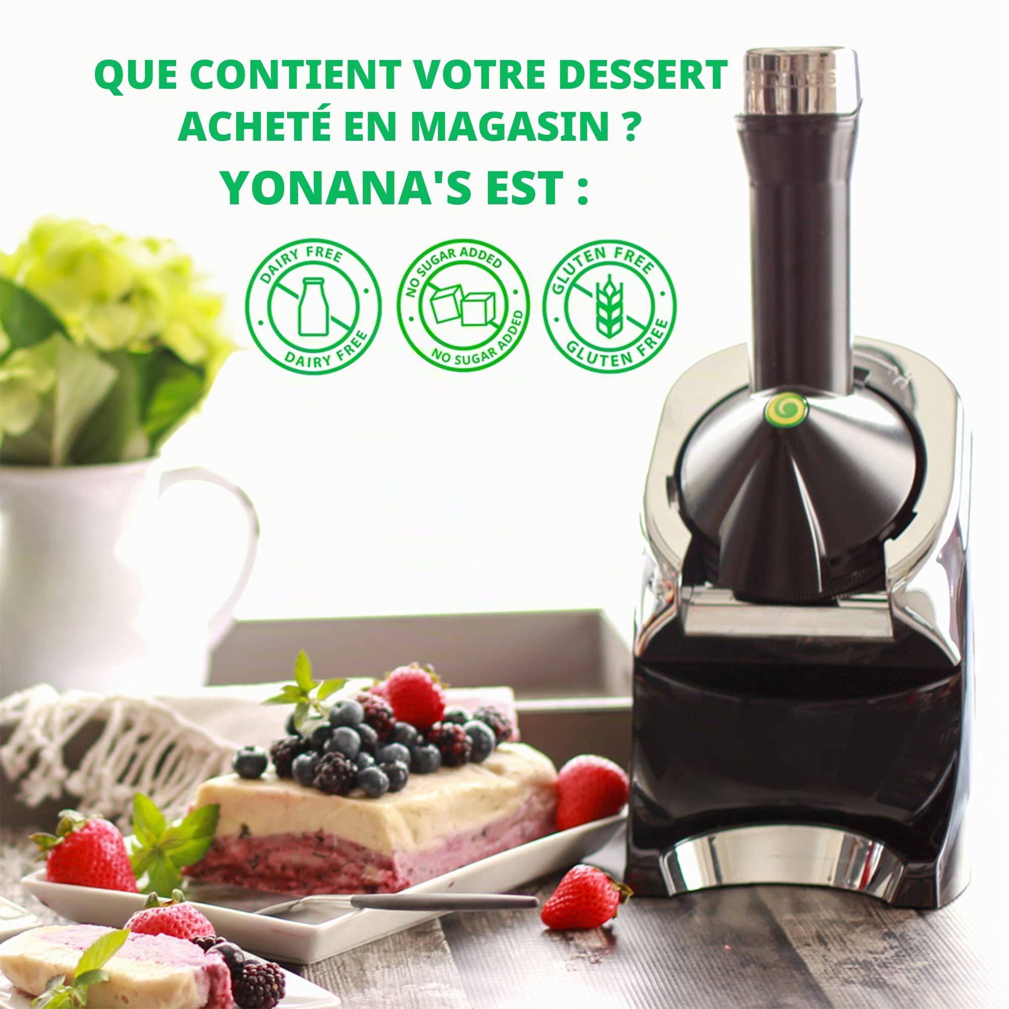 Yonanas 988RD Dessert Frozen Deluxe Design Premium Chrome Serve souple Serve est une alternative végétalienne à la crème glacée sans BPA Passe au lave-vaisselle avec 75 recettes et plus, 200 W, rouge