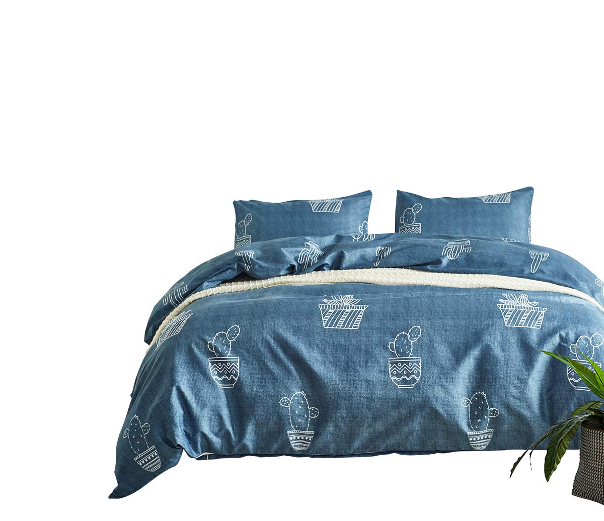 Blue Cactus Printed Duvet Cover Set,3 Pieces Stylish Brushed Microfiber Bedding Set with Zipper and Corner Ties - King Size (104"x90")