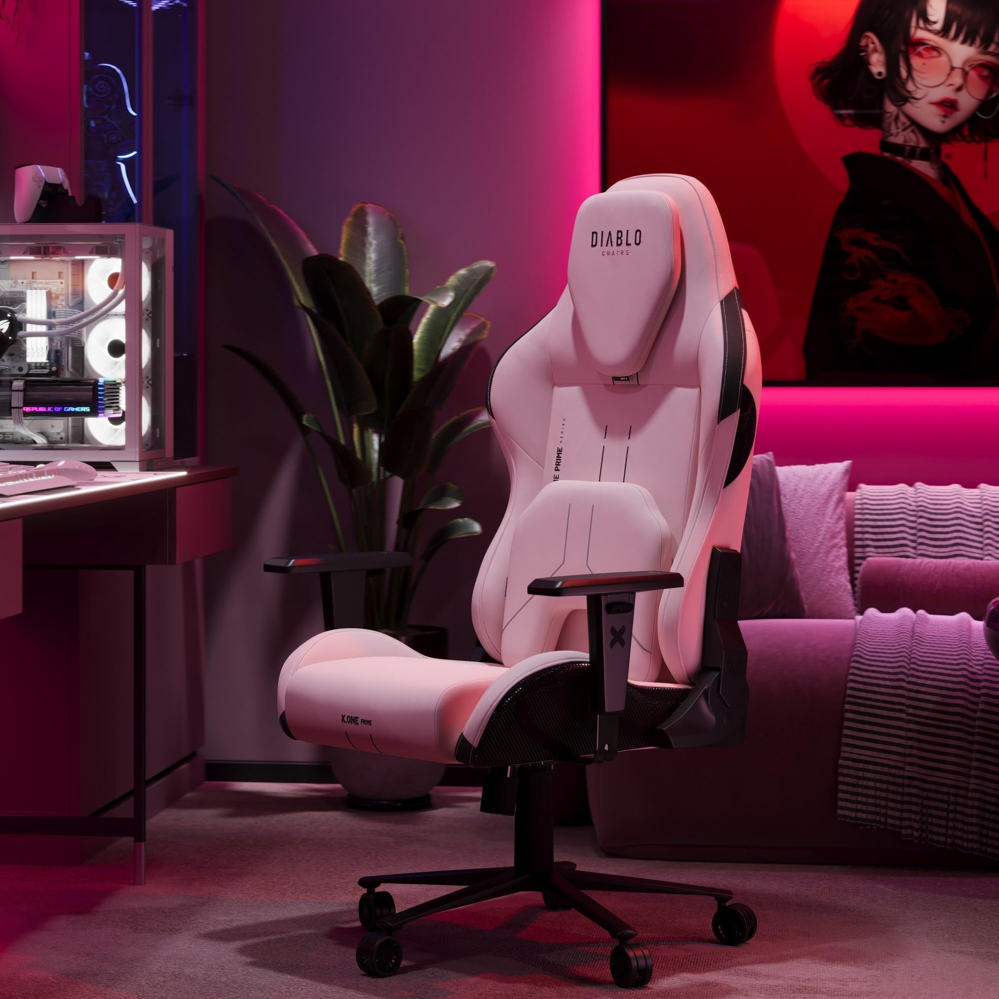 Diablo Gaming Stuhl Stoff X.One Prime Gamer Stuhl Ergonomisch mit Magnetische Kopfstütze und Kühlender Sitz Robuste Metallbasis, Höhenverstellbare Armlehnen Pc Stuhl, Gaming Chair 140 kg Akira Pink