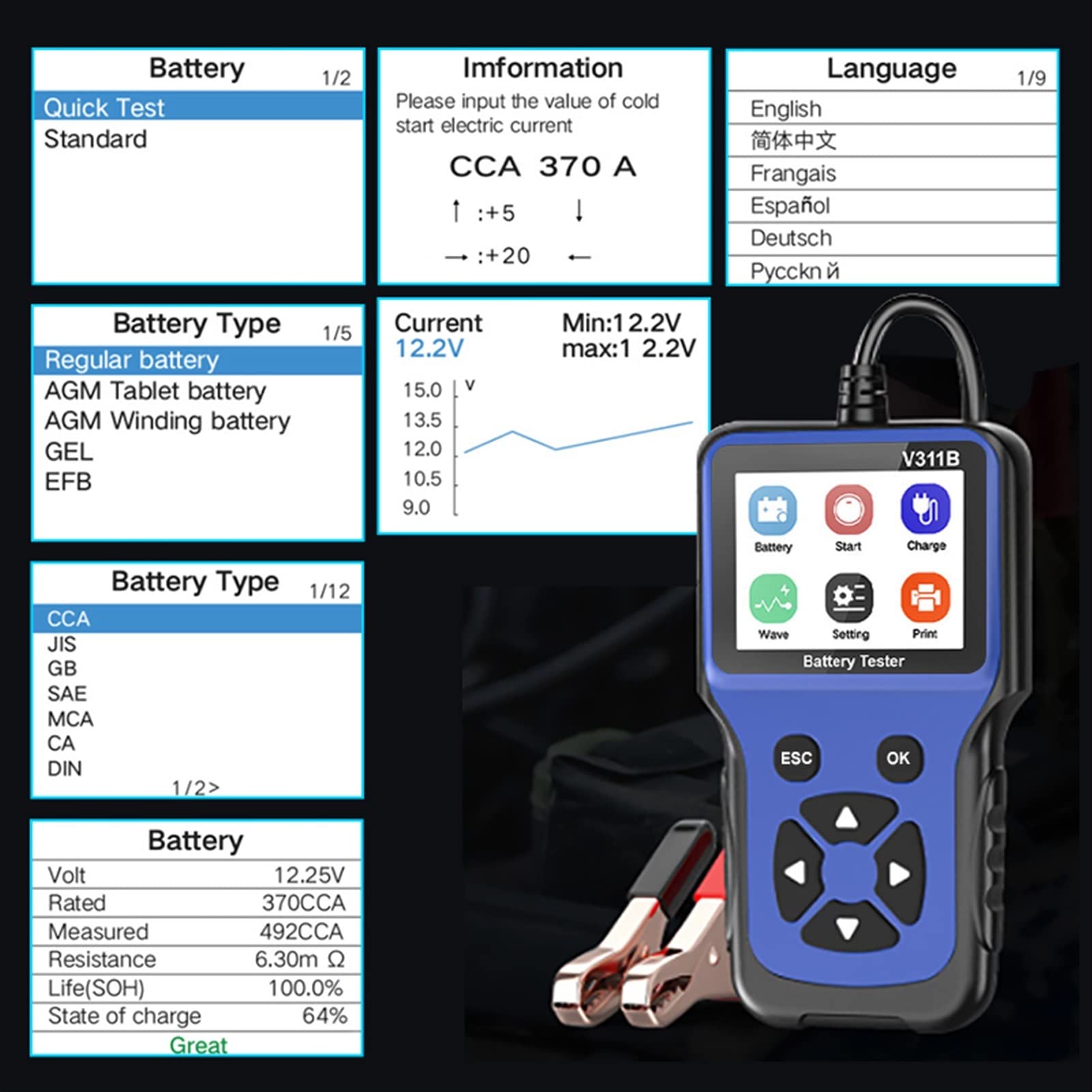 Tester batteria V311B 12V. Analizzatore di caricabatterie for batterie for auto 200 0cca. Tester di caricamento del circo di ricarica a motore di caricamento del caricatore 12 Volts Tool Test Battery
