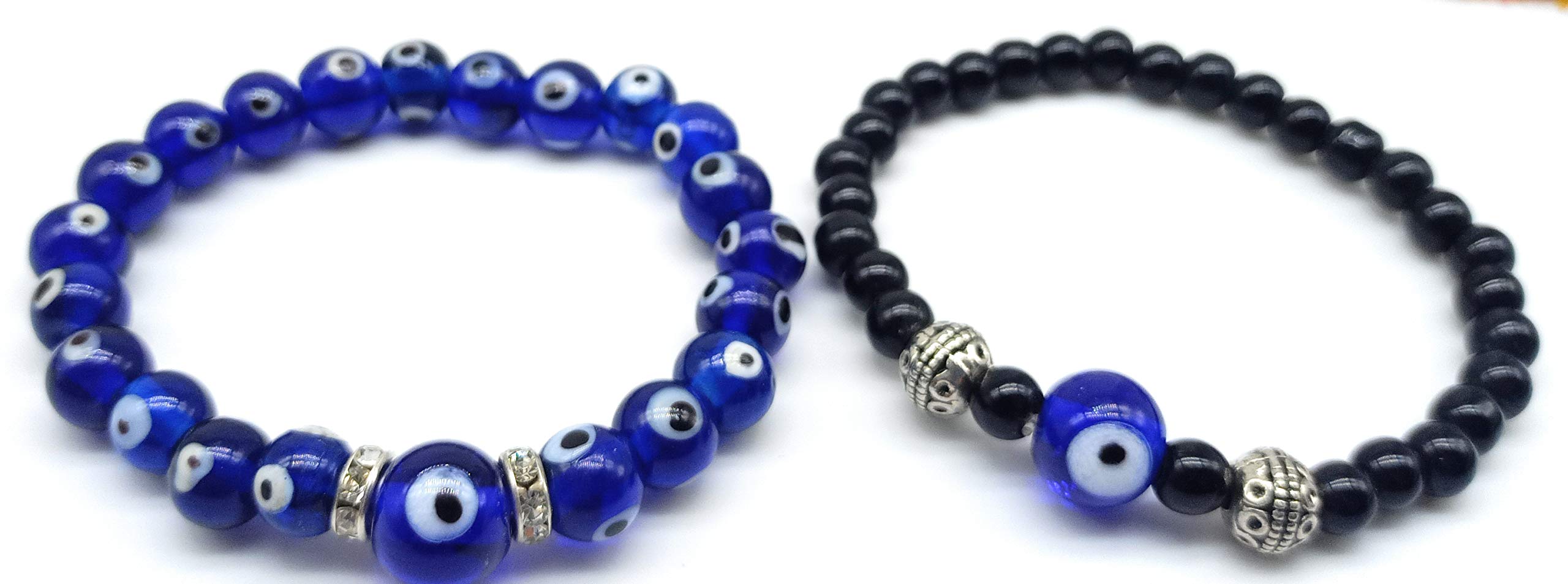 JAZ EXCLUSIVE COMBO Of Designer Bracelets-Round Evil's Eye Beads with Crystal Spacer AND Evil Eye Bead with Semi precious Black Beads-Root Chakra Activator,Good Luck Protection Bracelet for HIS &HER