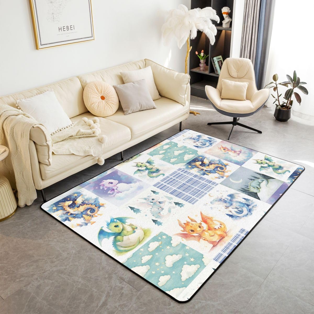 Dinosaurier Teppich 100x150cm Süß Autotoon Drucken Modern Teppich Streifenlinie Wohnzimmerteppich Wildes Tier Küchenteppich Wildtiere Weich Waschbar