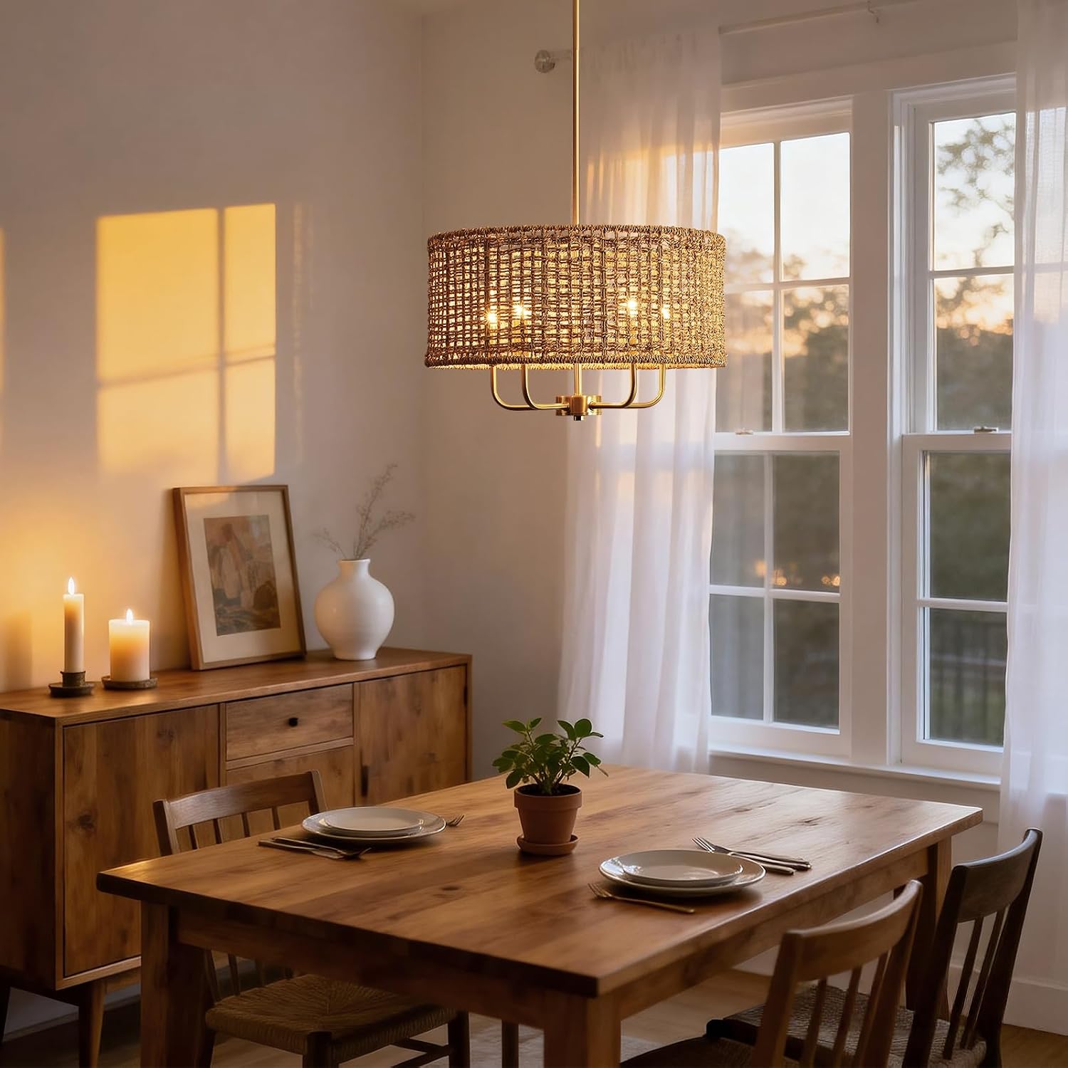 5-Light Rattan Chandelier Chandeliers for Dining Room, Boho Chandelier, Coastal Hand Woven Pendant Light Fixture for Kitchen Island Entryway Foyer Living Room Bedroom UL Listed Gold